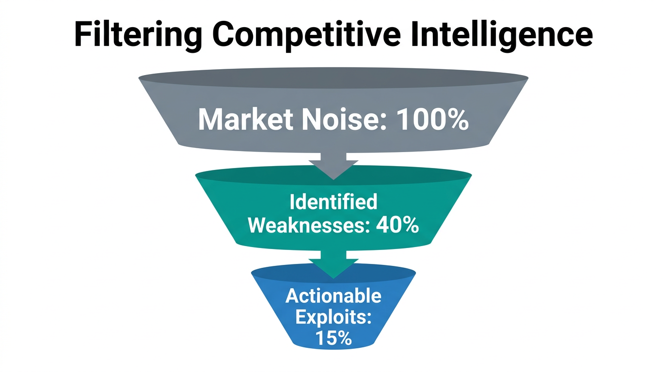 Funnel showing the distillation of market data into actionable exploits.