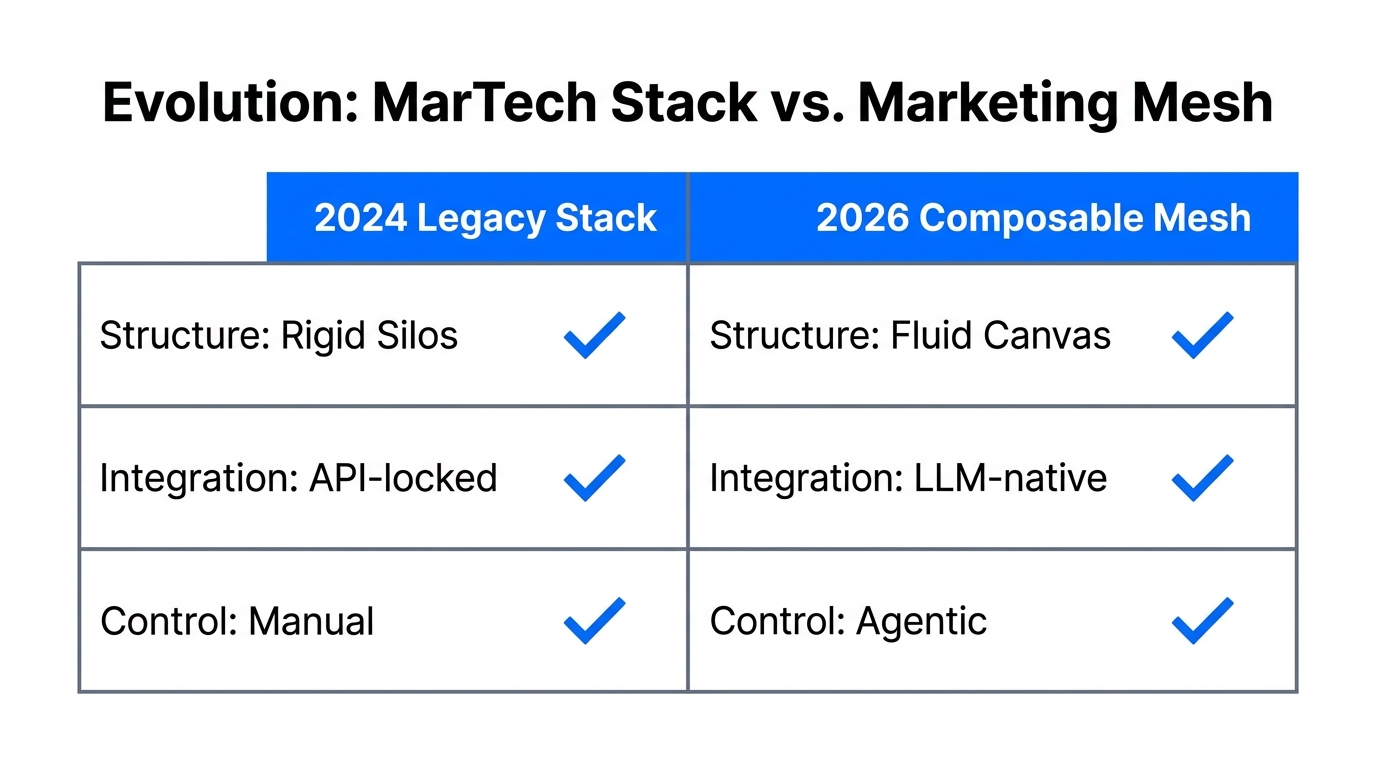 Comparing the rigid 2024 MarTech stack to the 2026 mesh.