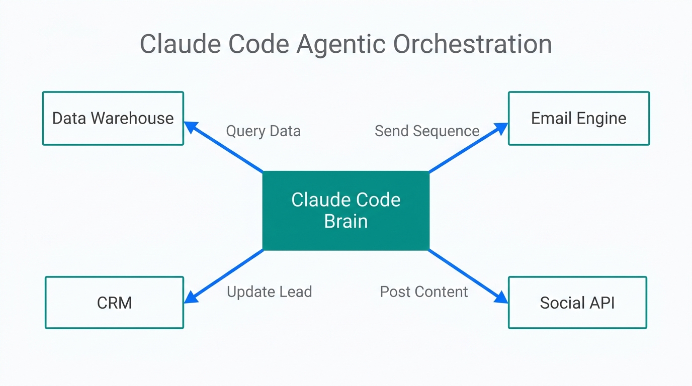 How Claude Code acts as the orchestrator for various marketing tools.