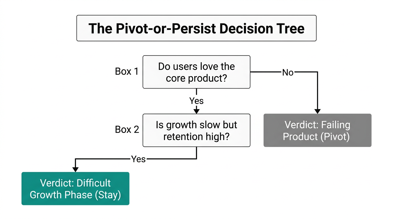 Flowchart helping founders distinguish between a failing product and slow growth.