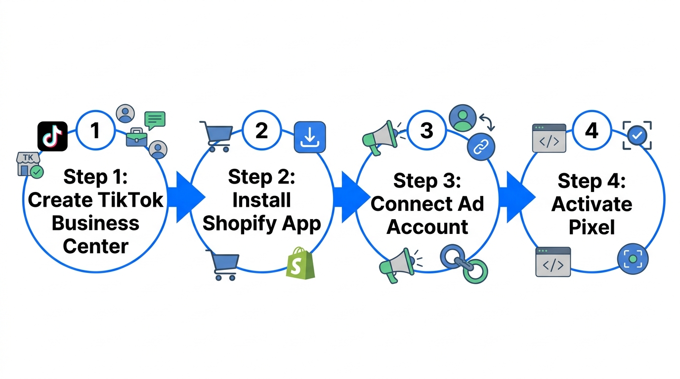 Four-step workflow for connecting TikTok Pixel to Shopify.