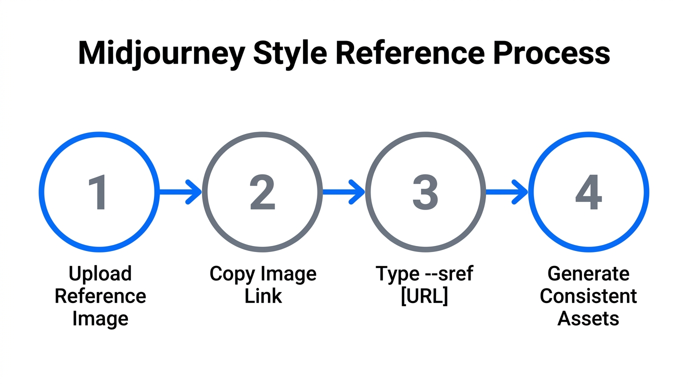 Step-by-step workflow for using Midjourney style references for brand consistency.