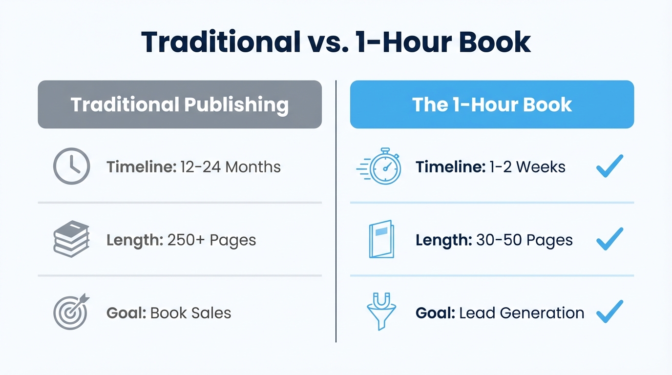 A side-by-side comparison of traditional publishing and the 1-hour book model.