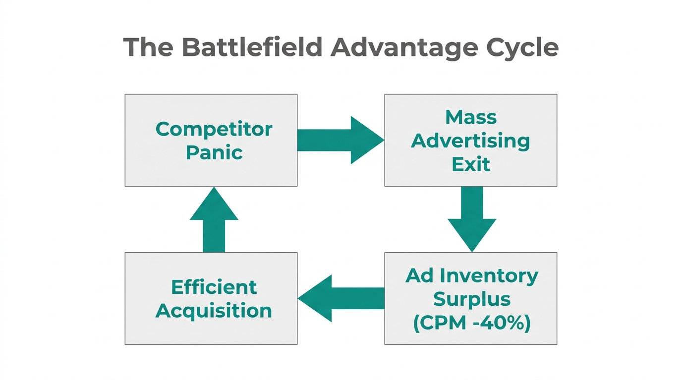 Visualizing how competitor retreat creates lower acquisition costs for contrarians.