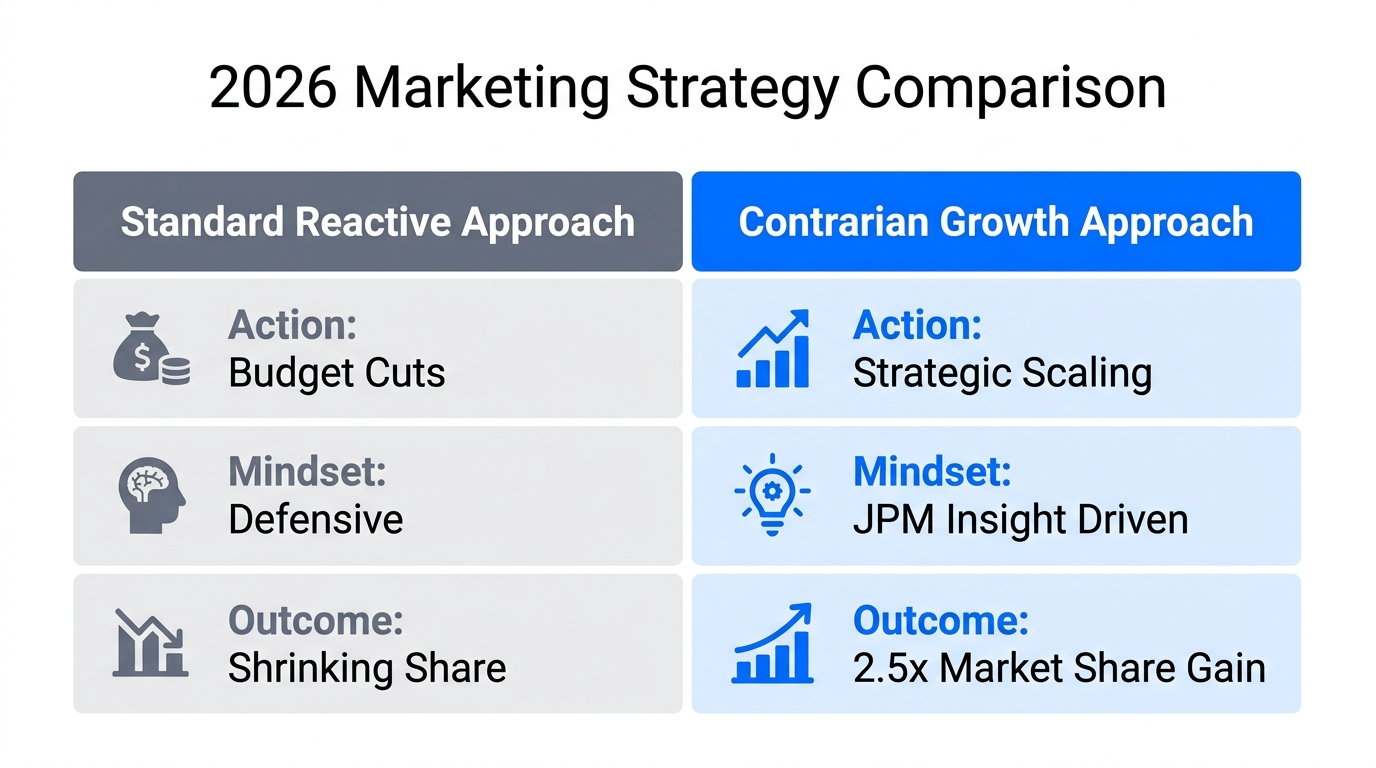 Comparison of traditional reactive strategies versus contrarian growth tactics.