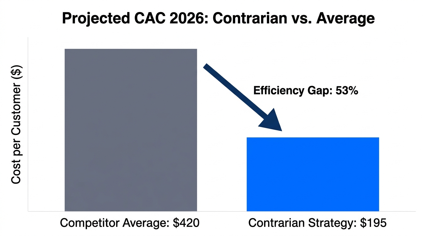 Data projection showing potential CAC reduction through contrarian market entry.