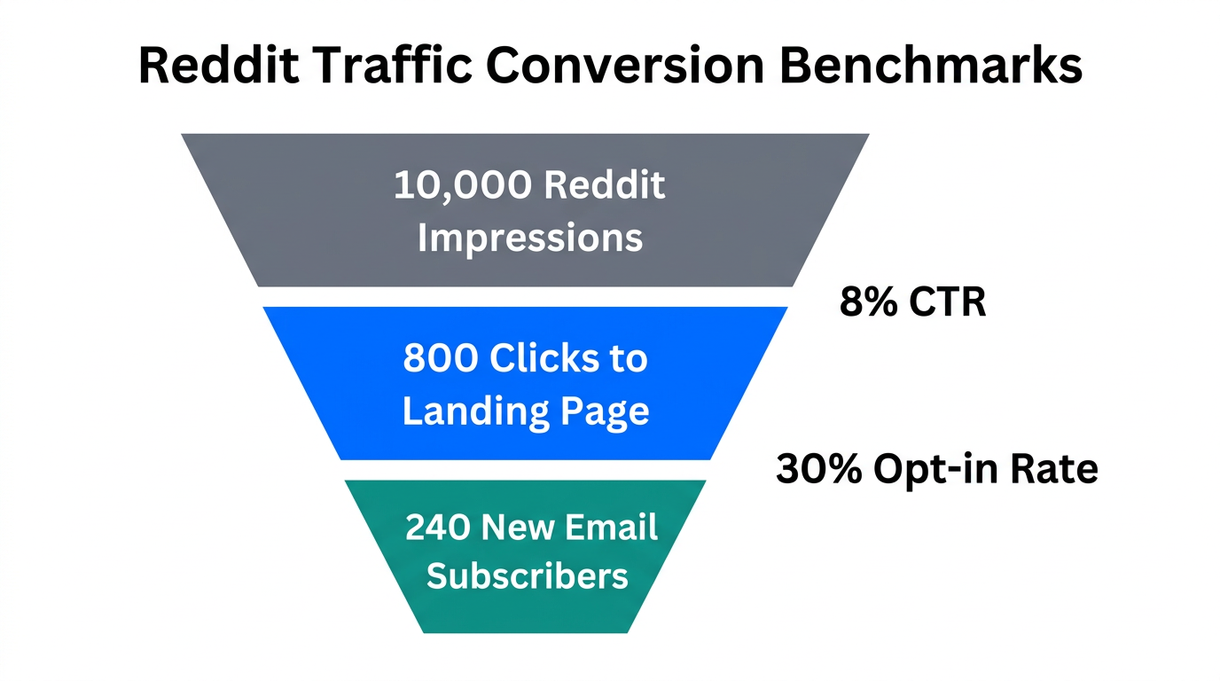 Funnel showing conversion rates from Reddit impressions to email subscribers.