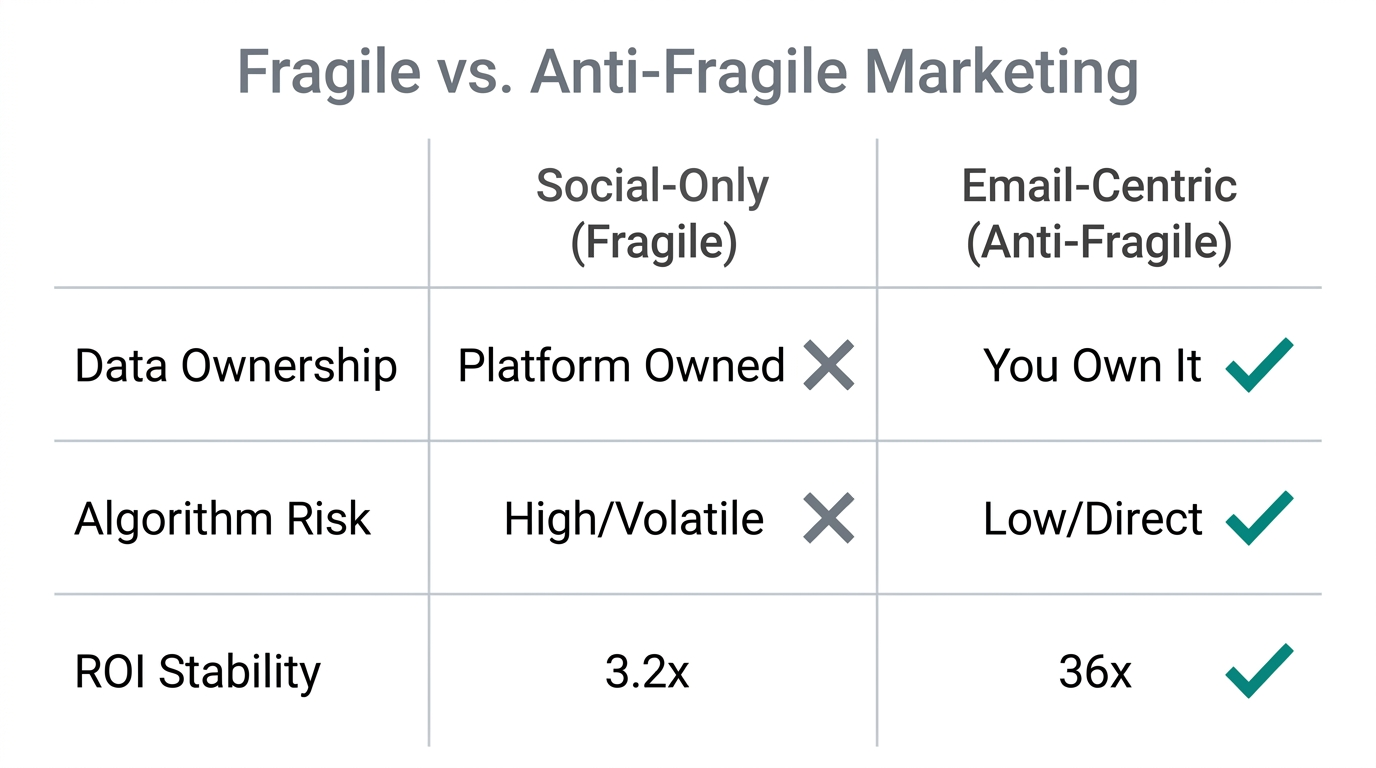Comparison of platform-dependent growth versus an anti-fragile email strategy.