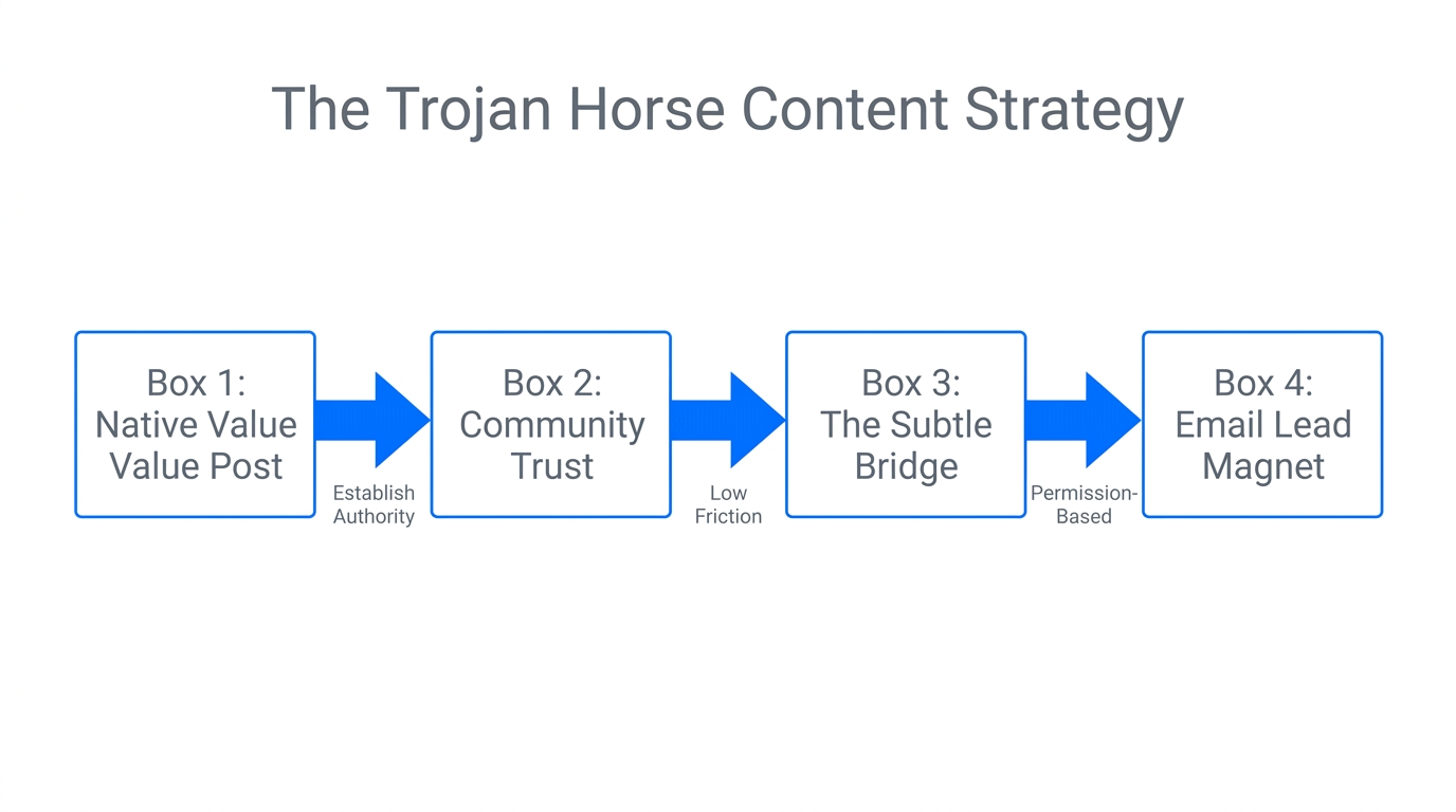 Step-by-step flowchart of the Trojan Horse content distribution strategy.