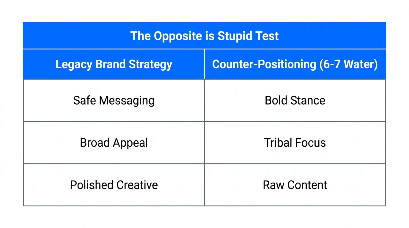 Comparison of legacy brand strategies versus modern counter-positioning frameworks.