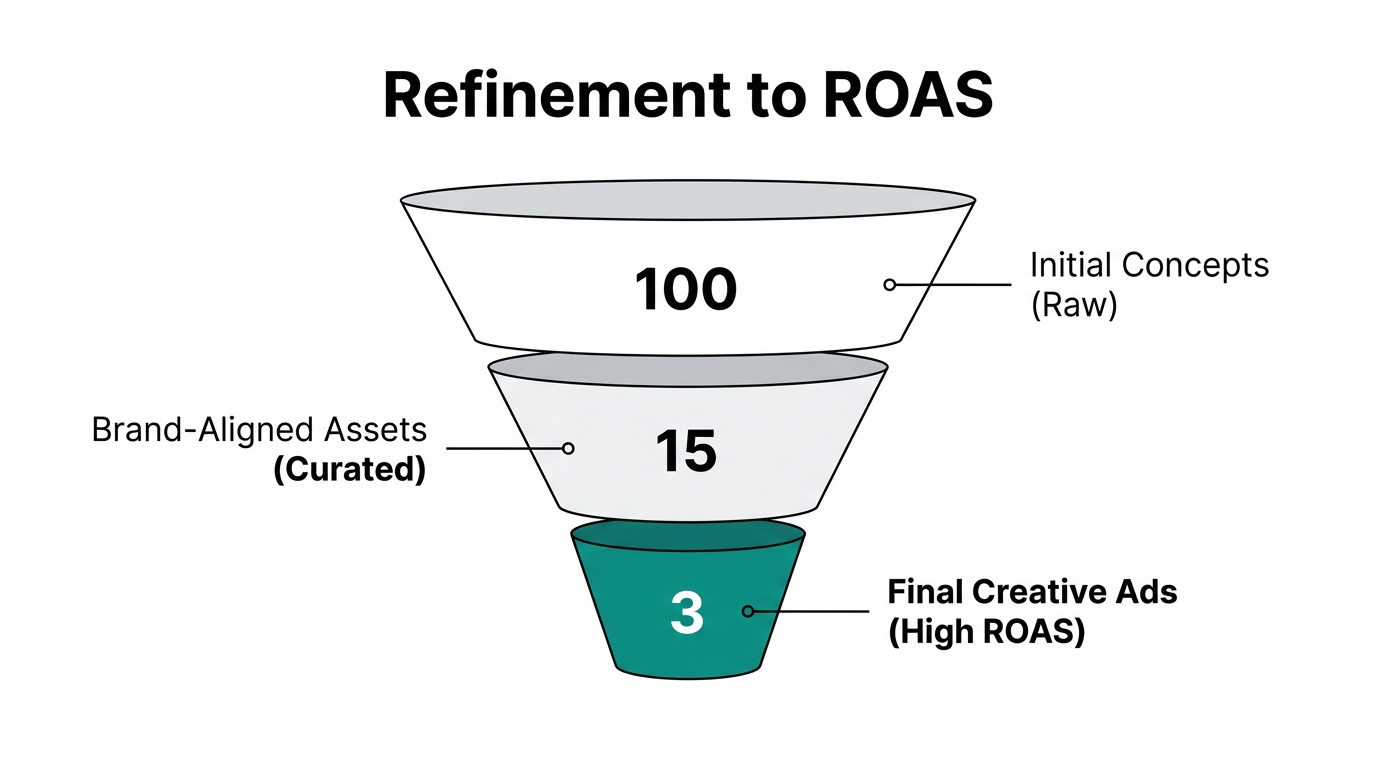 The refinement funnel from raw AI concepts to high-performing luxury assets.