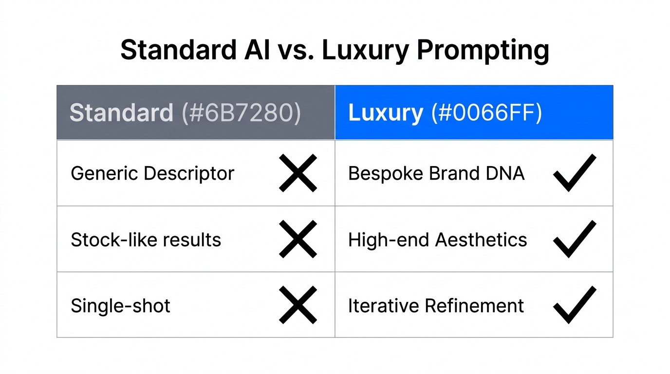 Comparison of standard AI results versus high-end luxury prompting techniques.