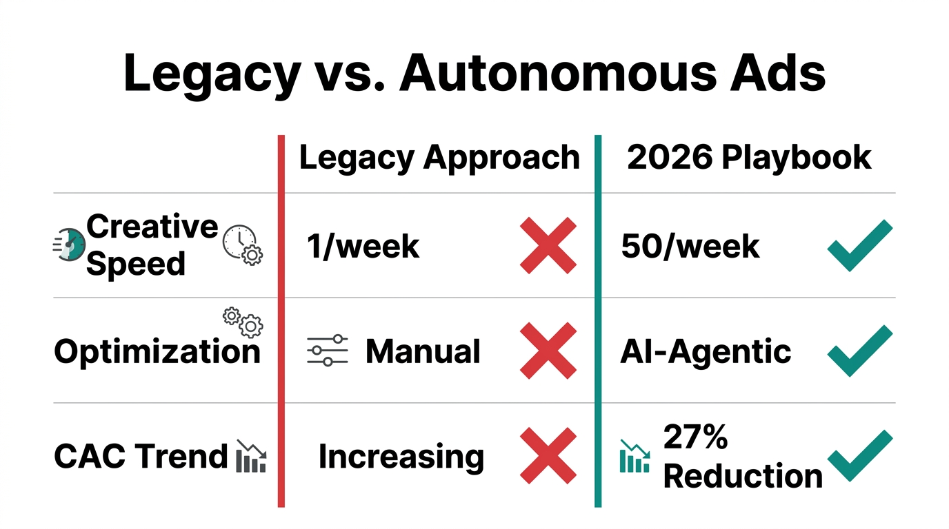 Key differences between manual legacy approaches and autonomous creative systems.