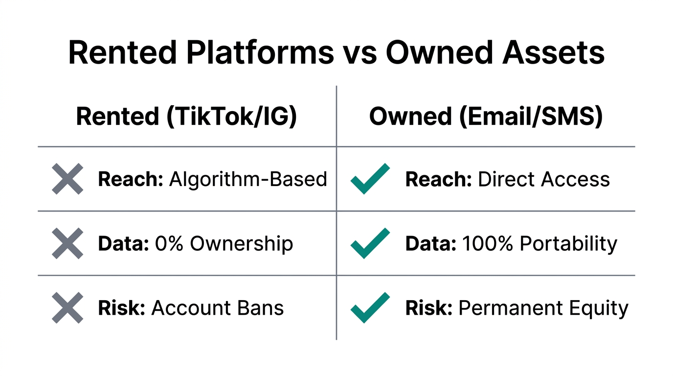 Comparison of platform dependency versus audience ownership metrics.