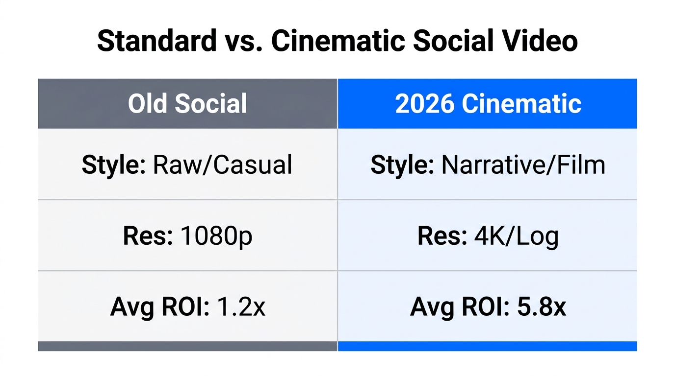 Comparison of traditional social video versus 2026 cinematic production standards.
