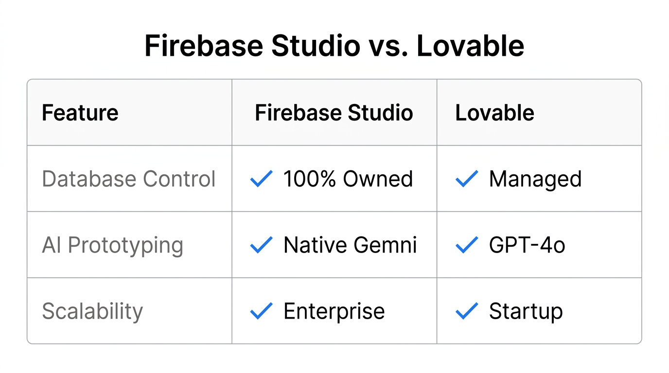 Comparing core features of Firebase Studio and Lovable for developers.