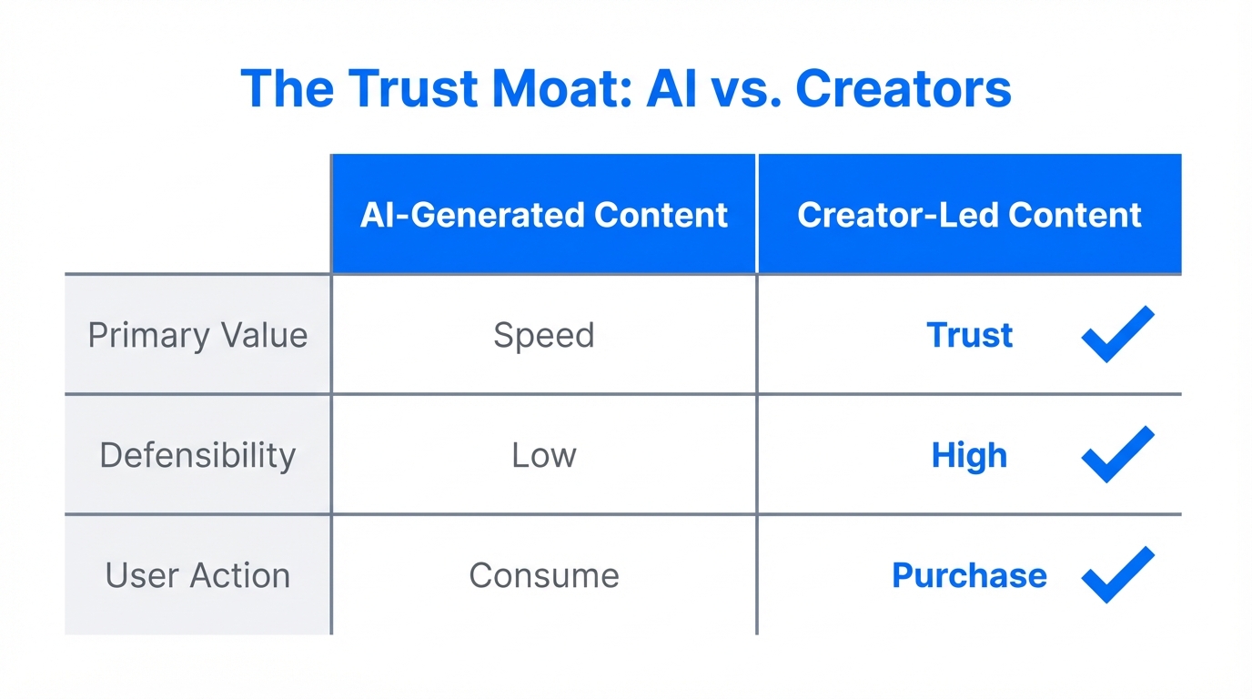 Comparison of defensibility between AI content and creator-driven trust.