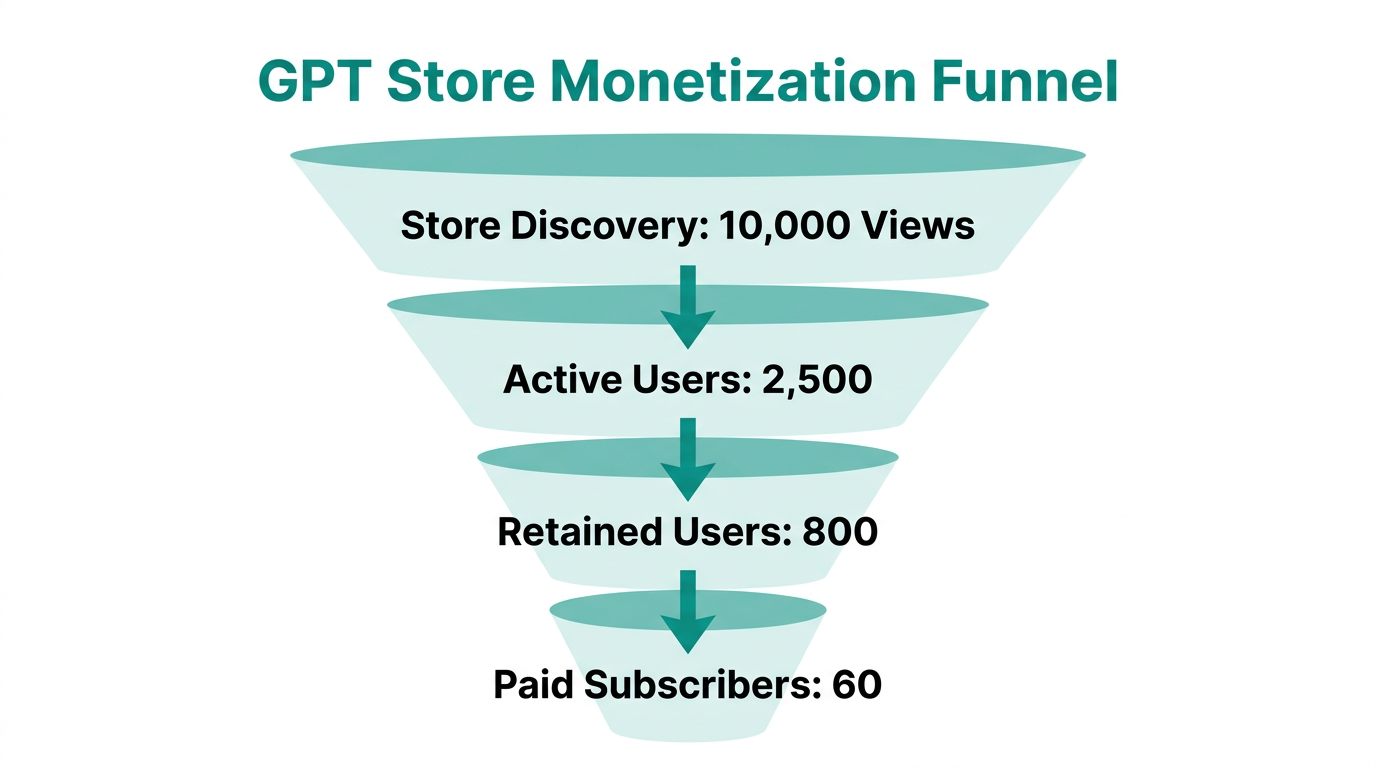 A breakdown of user conversion and retention in the GPT Store.