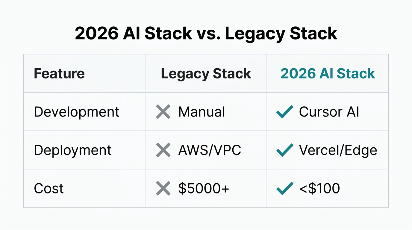 Comparison of traditional development versus the 2026 AI-driven stack.