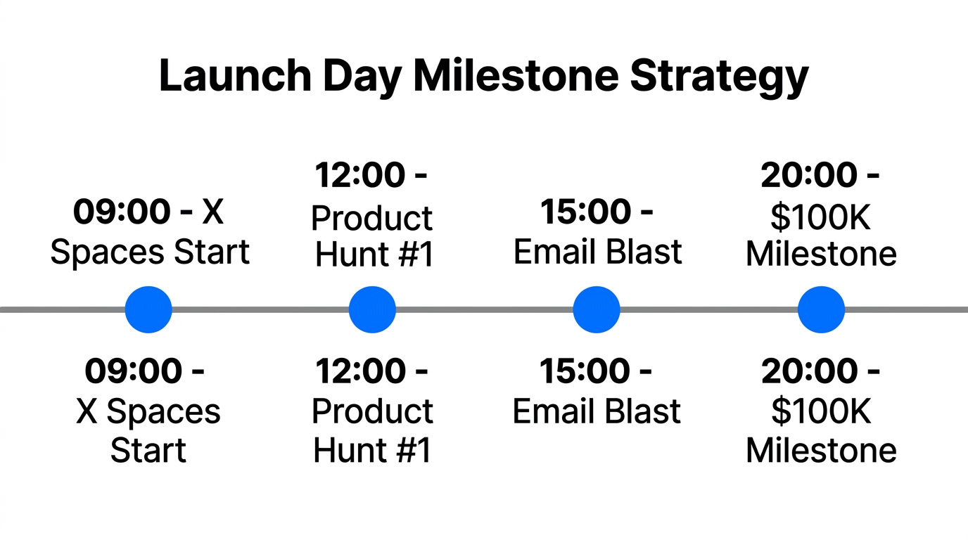 Hourly breakdown of a high-impact $100K launch day schedule.