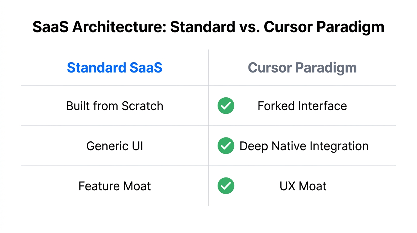 Comparison between standard SaaS builds and the forked Cursor paradigm.