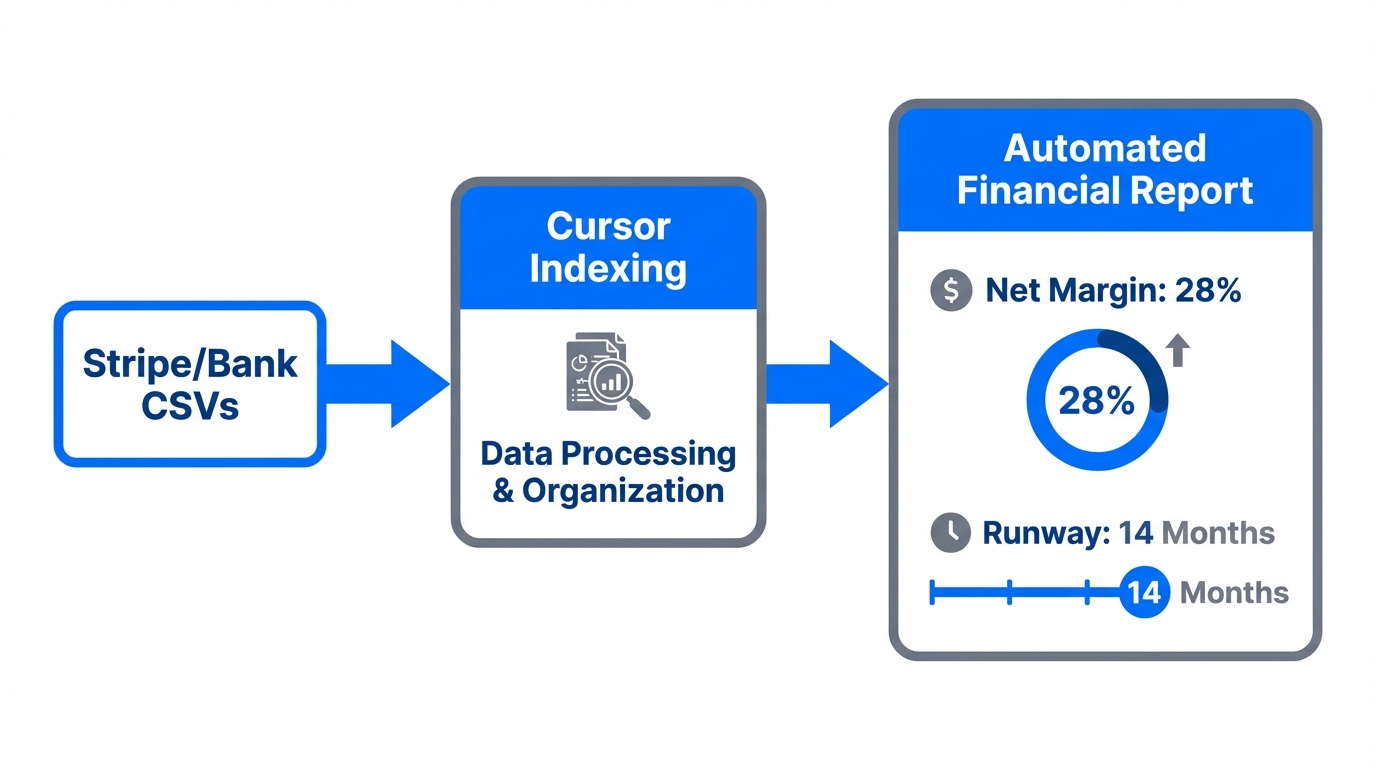 Workflow for transforming raw financial data into automated runway reports.