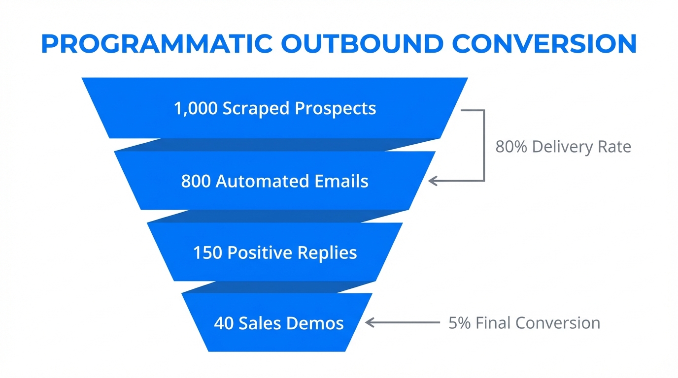 Conversion funnel showing the efficiency of programmatic AI outbound sequences.