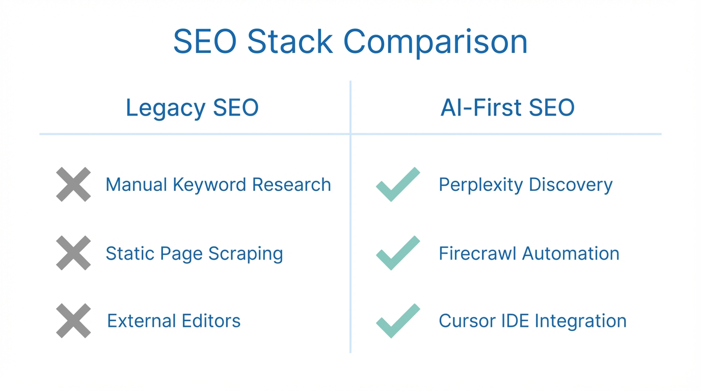 Comparison of traditional SEO methods versus the modern AI-driven stack.