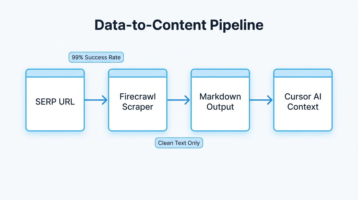 The automated process of scraping SERP data into clean Markdown.