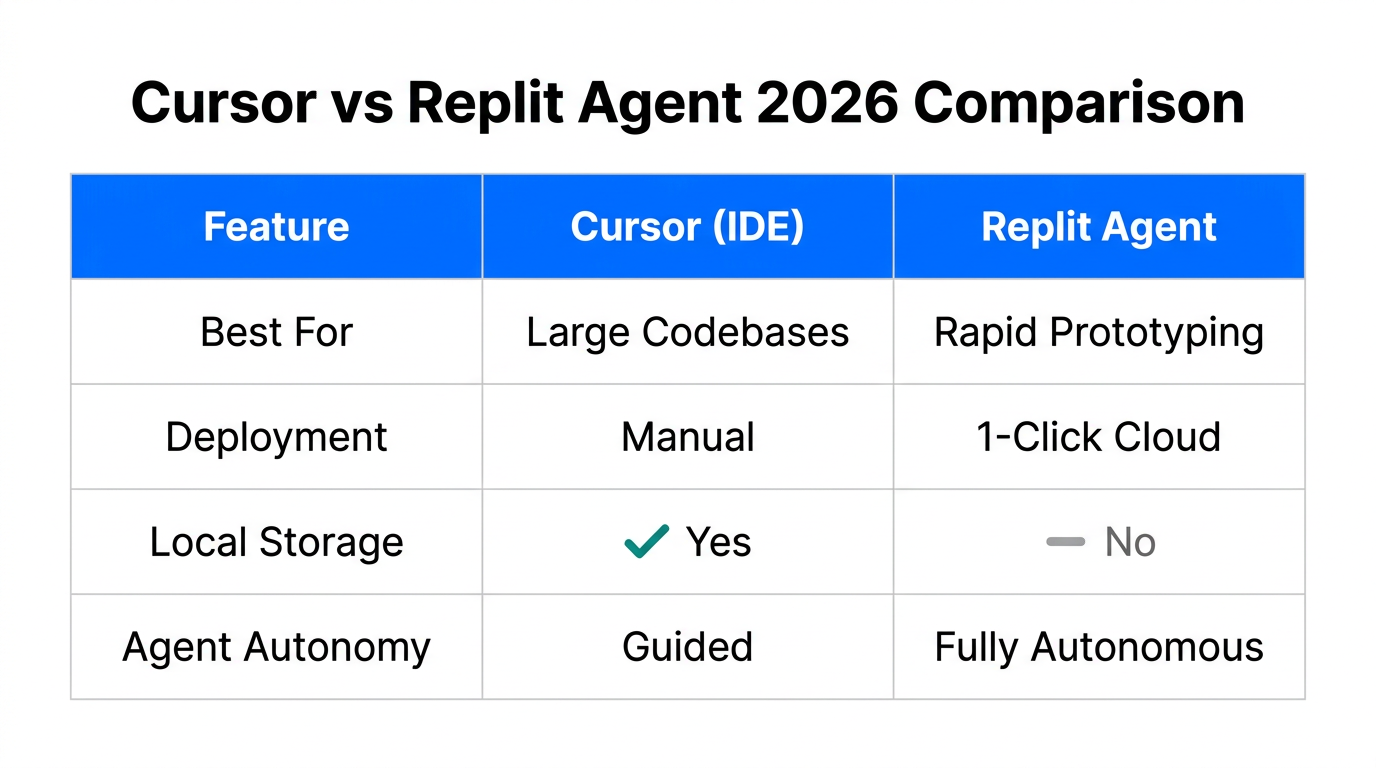 Key differences between Cursor IDE and Replit Agent in 2026.