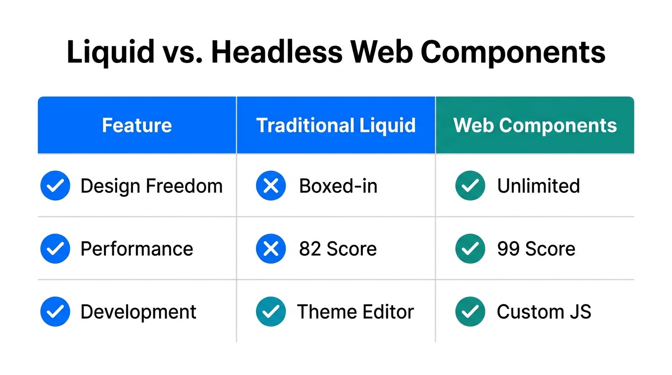 A comparison of traditional Shopify Liquid themes versus headless web components.