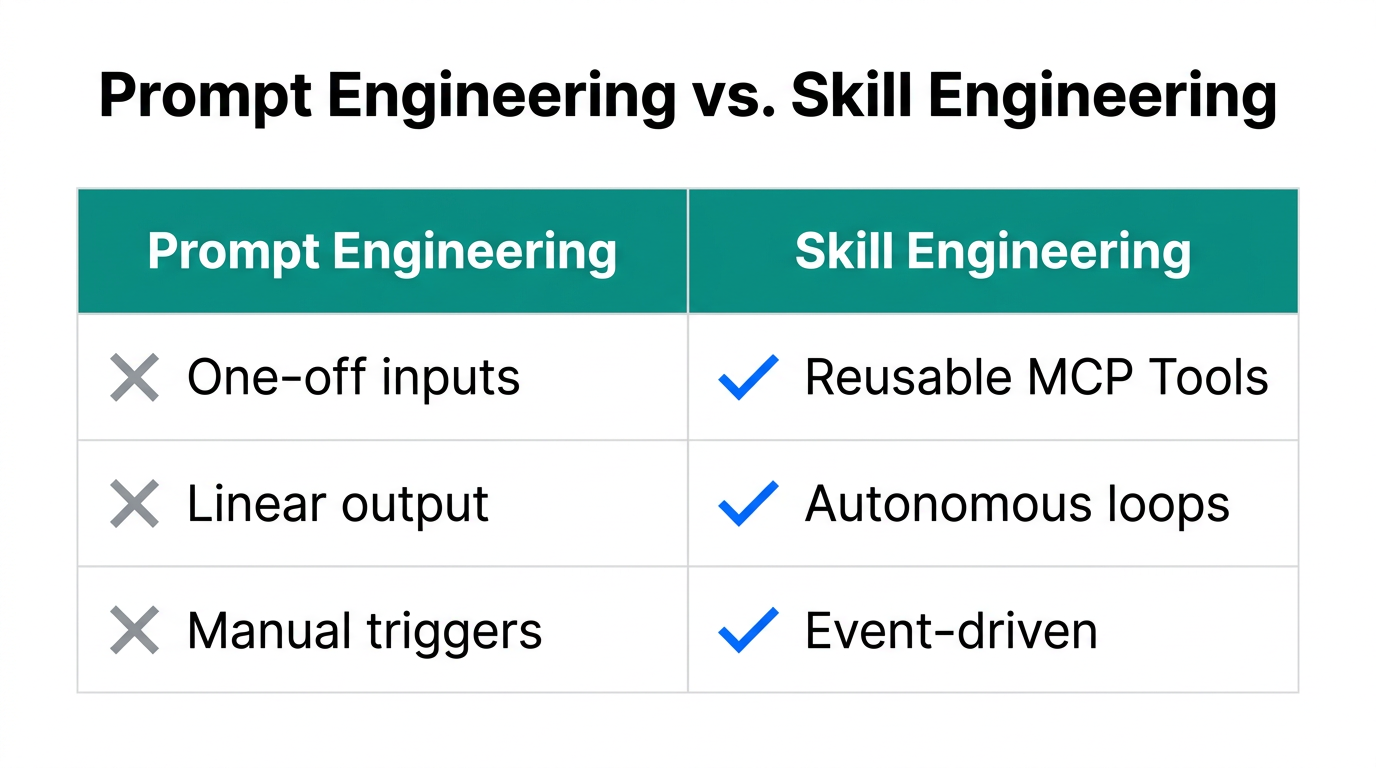 Comparison of traditional prompting versus scalable agentic skill engineering.