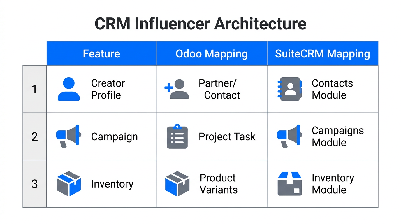 Mapping influencer entities between Odoo and SuiteCRM structures.