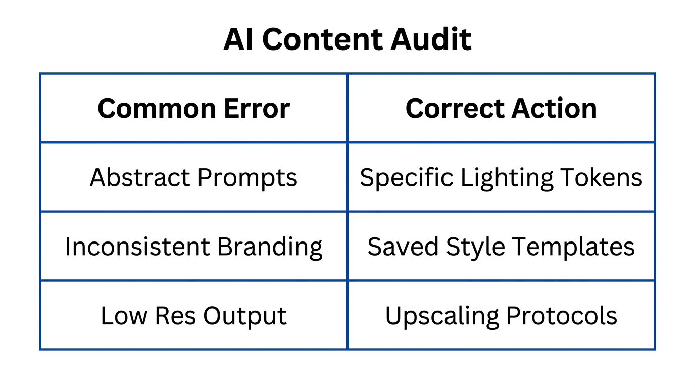 Strategic audit of common AI content mistakes versus best practices.
