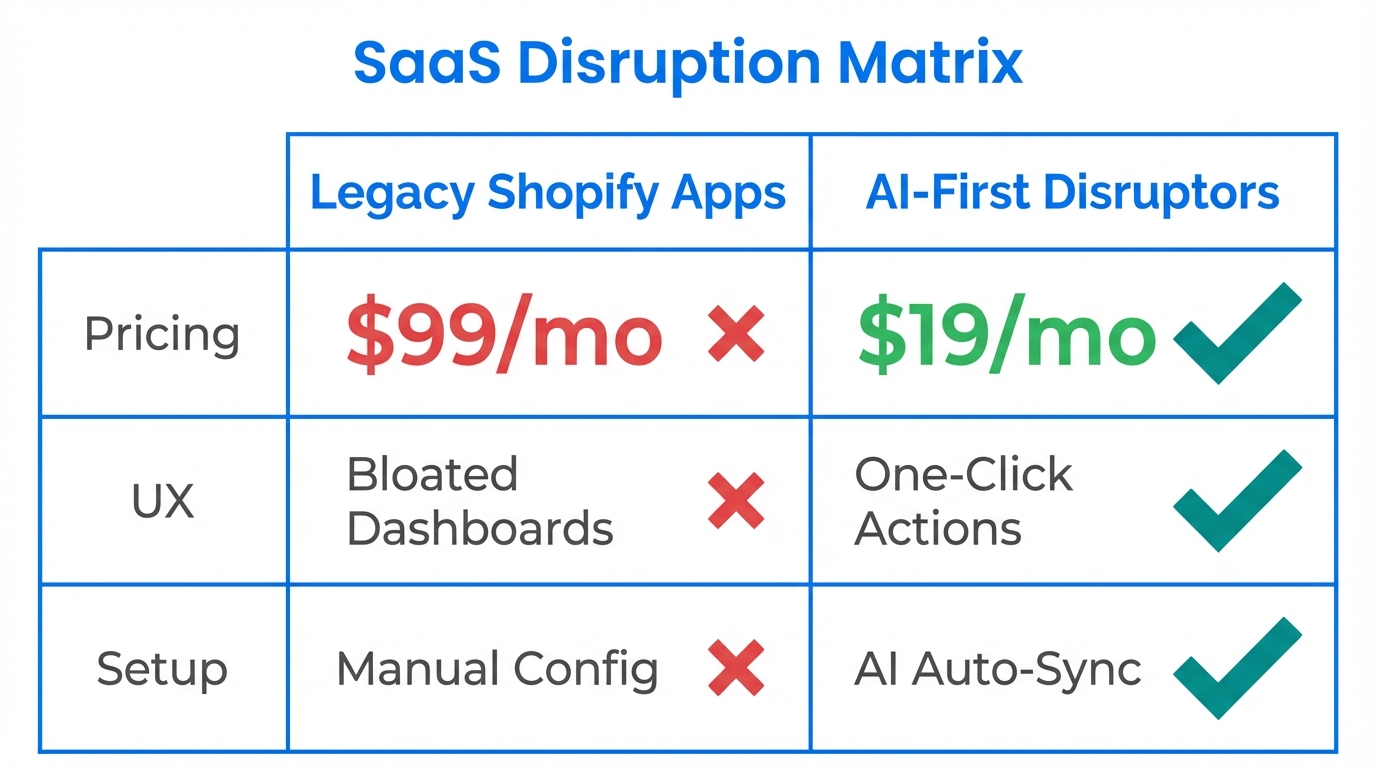 Comparison of Legacy Shopify Apps versus AI-first disruptive tools.