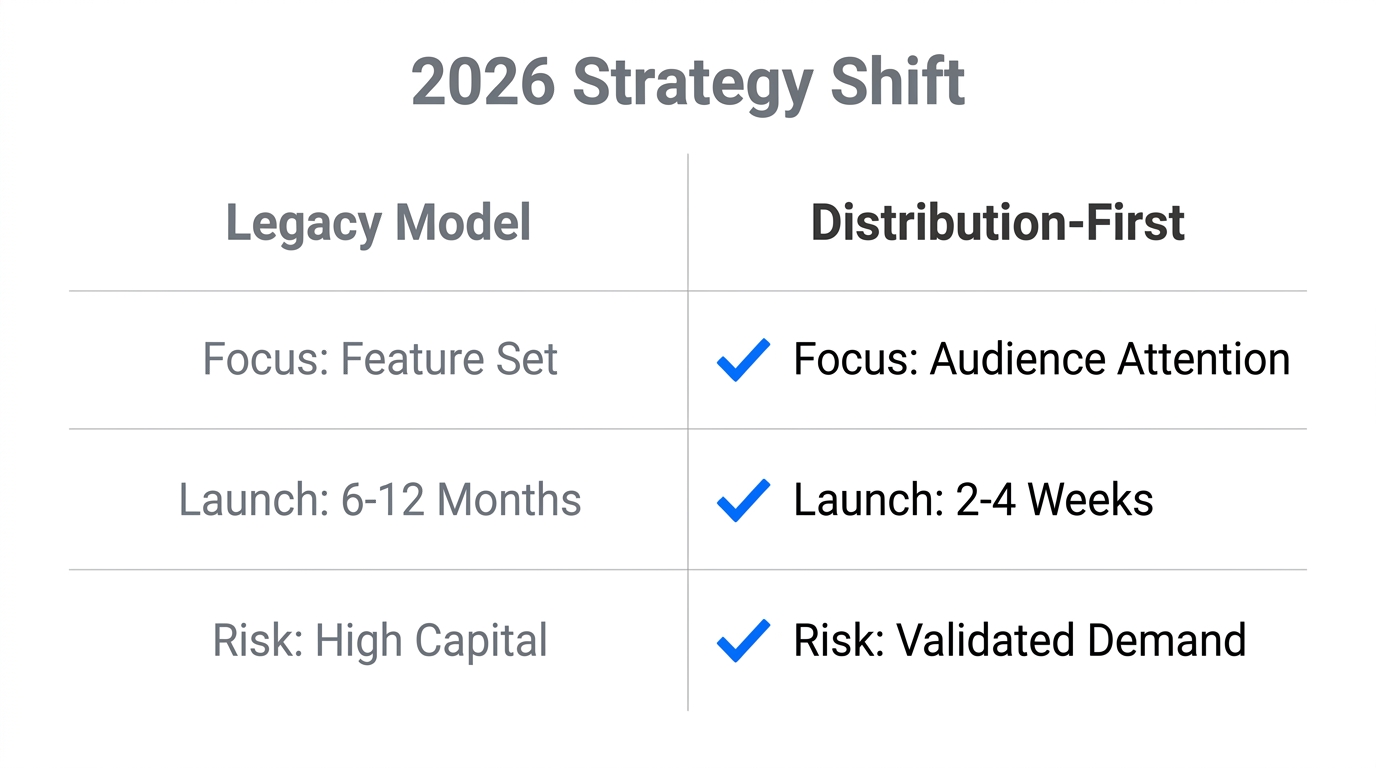 Comparison between legacy product-first models and the 2026 distribution-first approach.