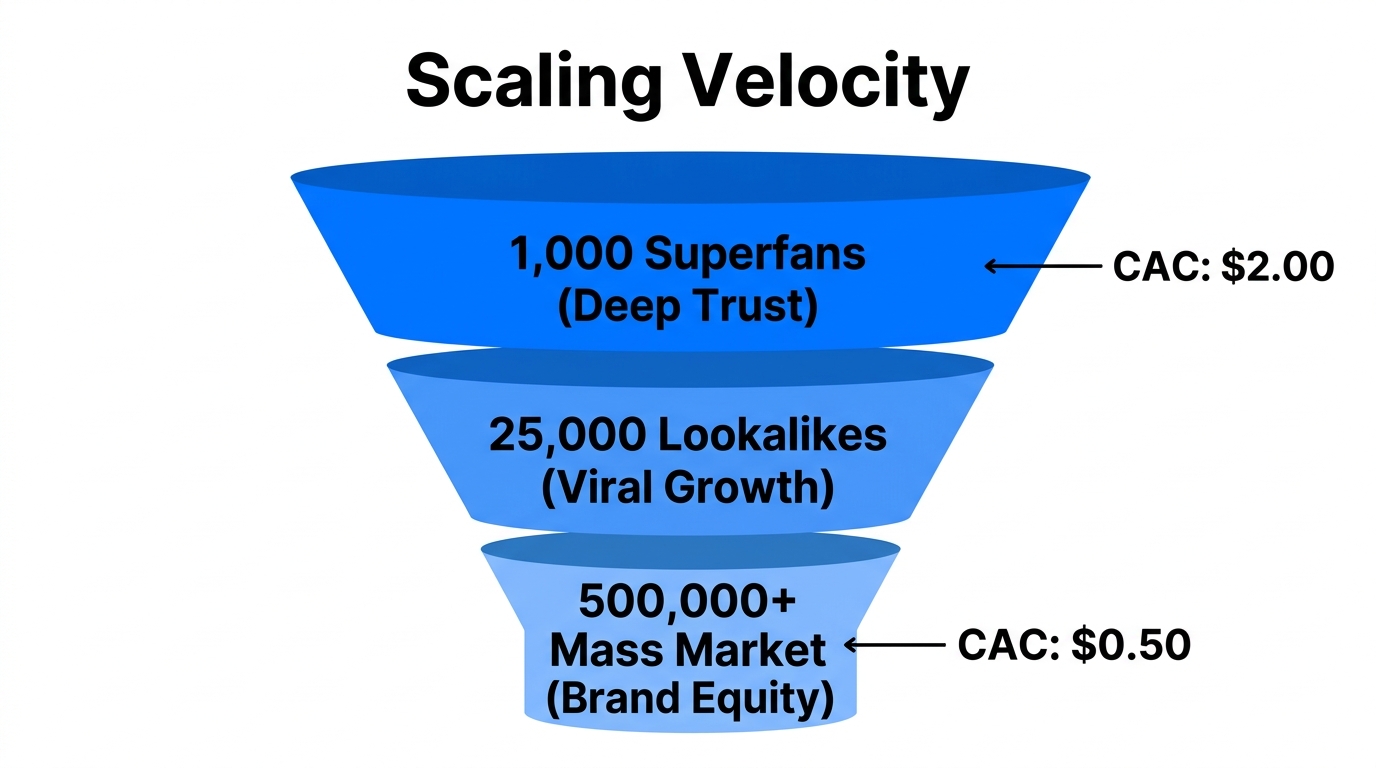Funnel showing the cost-effective transition from niche superfans to mass market.