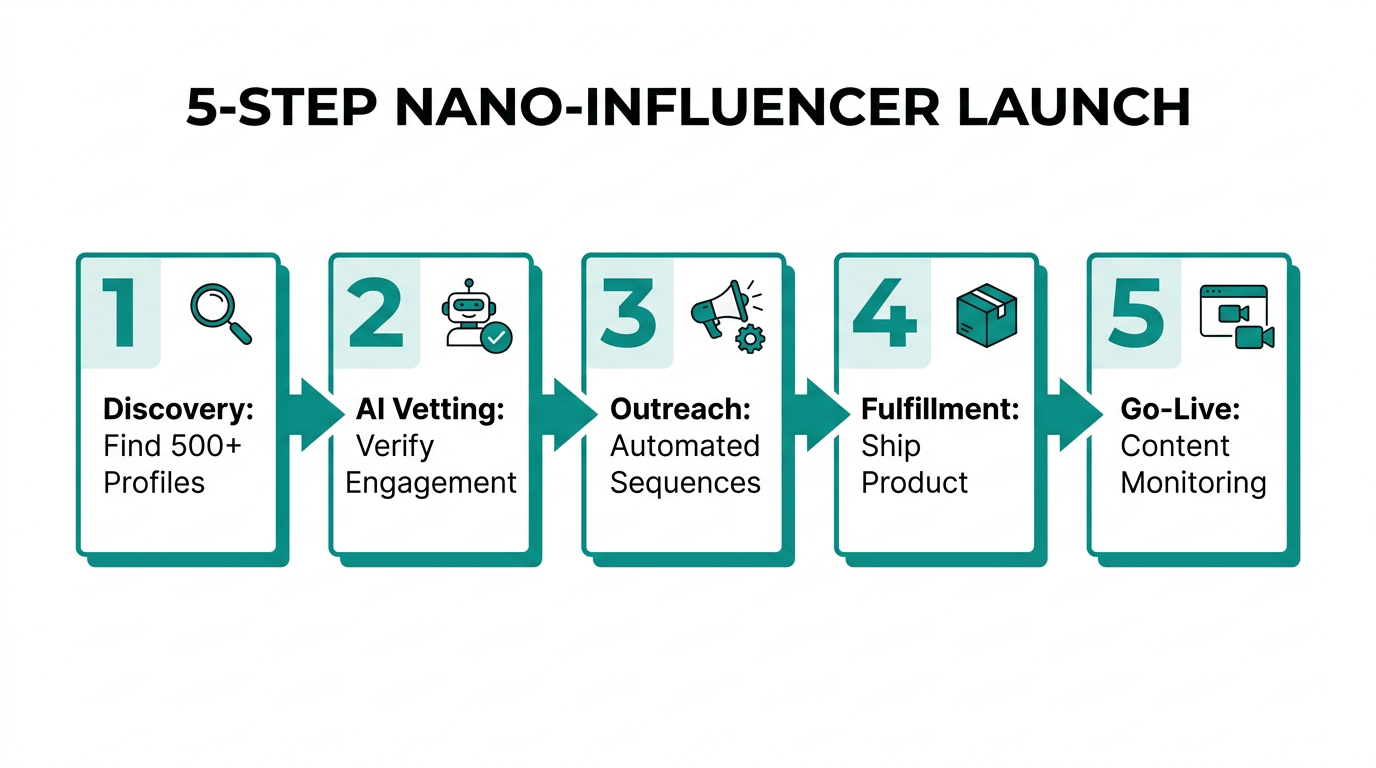 Five-step workflow for launching a scalable nano-influencer campaign.