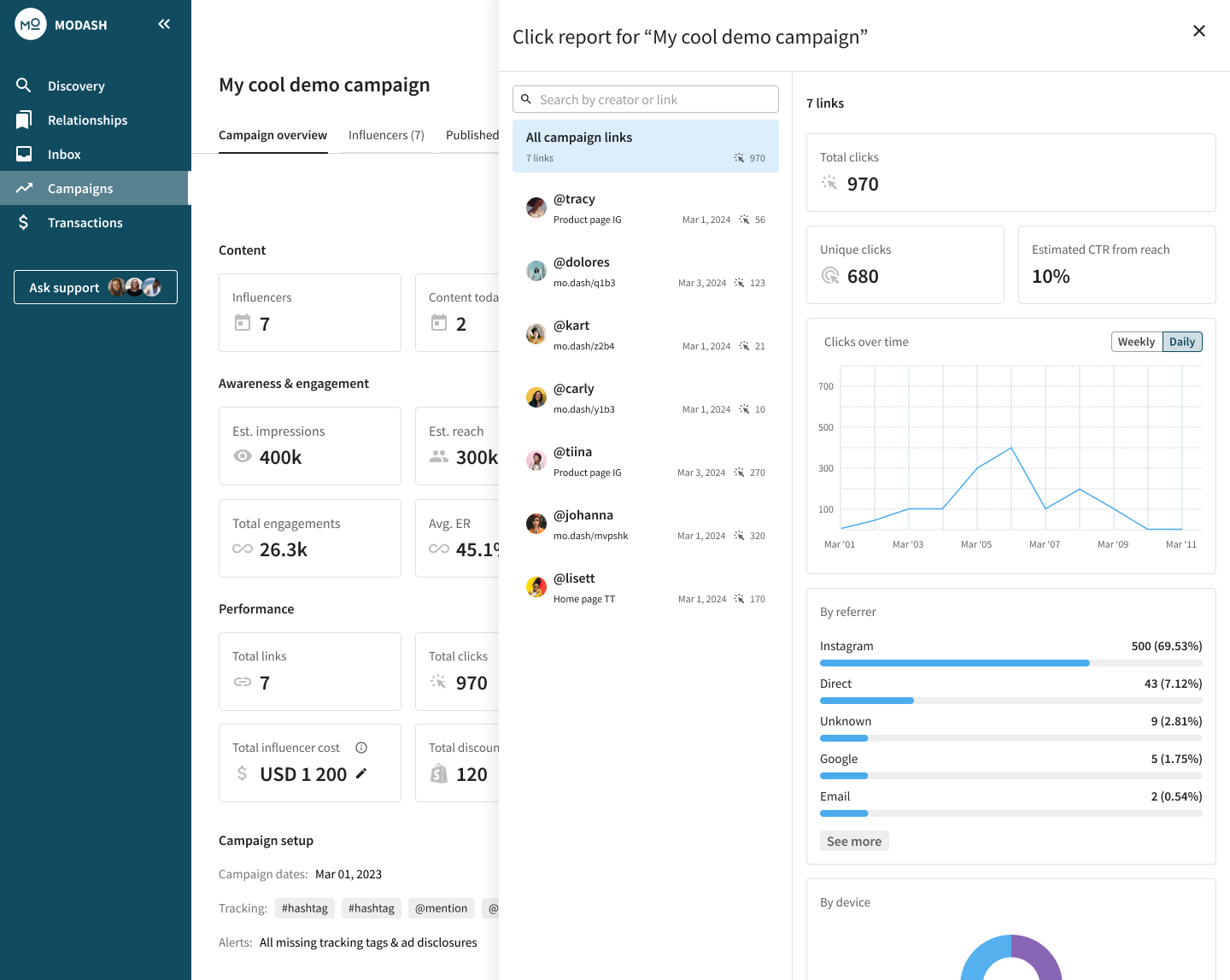 Modash platform dashboard