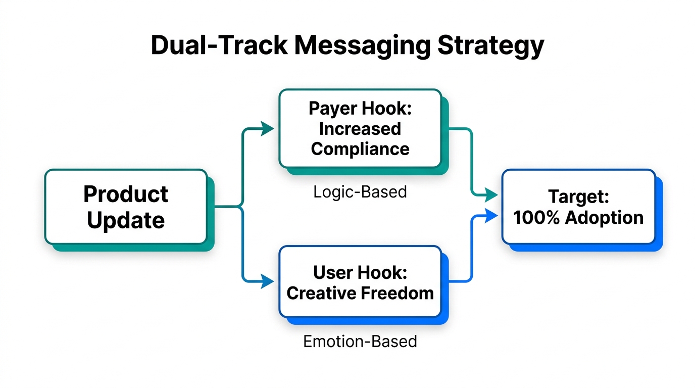 Strategic messaging flow for reaching both buyers and daily users.