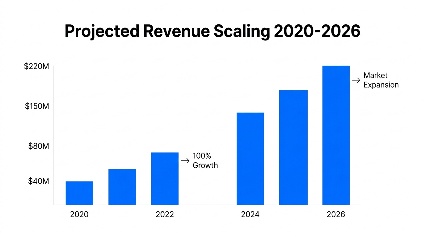 Projected revenue growth through 2026 showing the path to $220M.