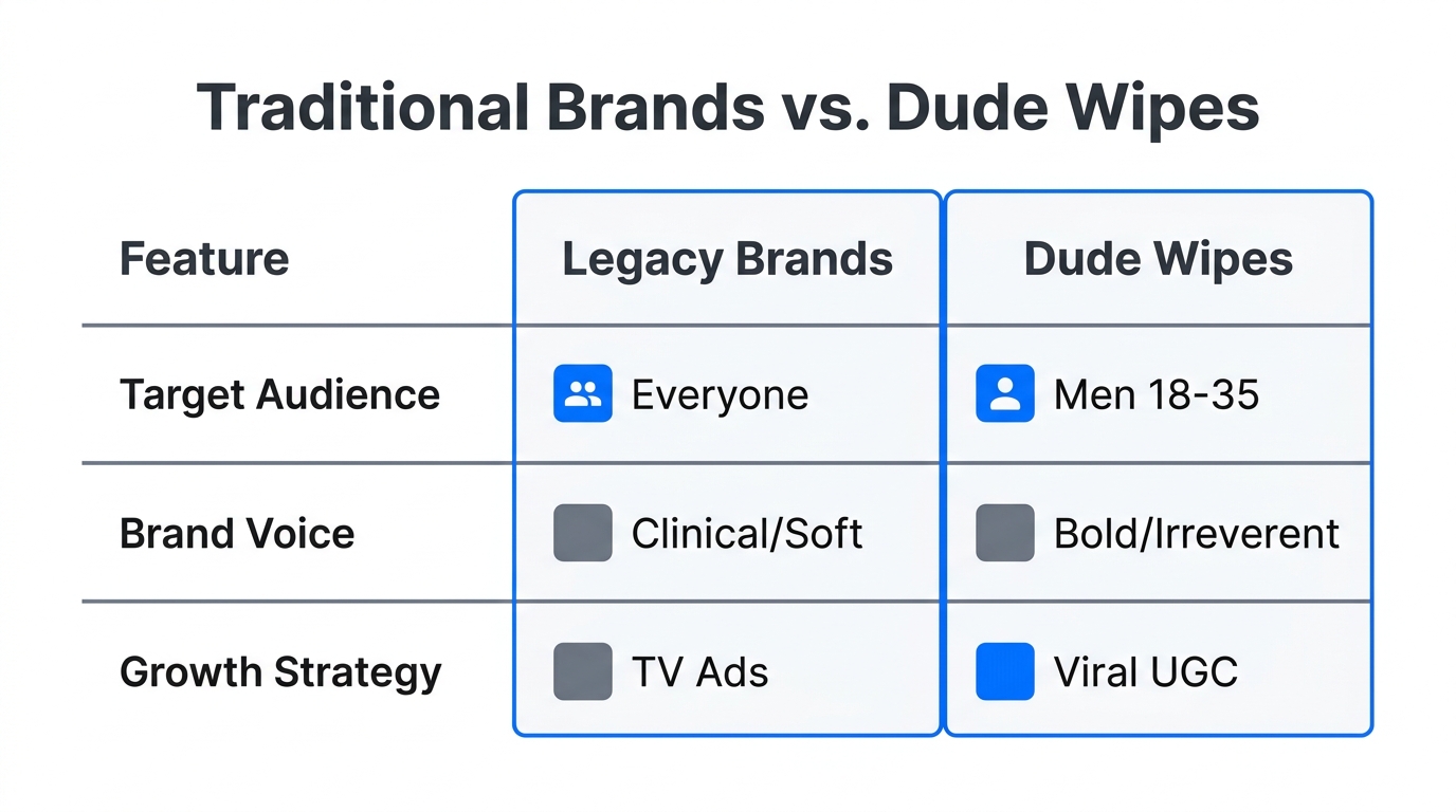 Comparison of traditional branding versus the Dude Wipes disruptive model.