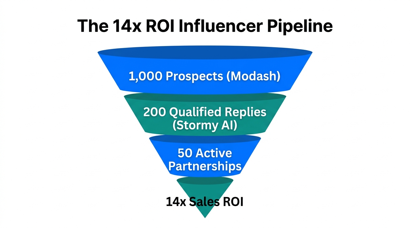 A conversion funnel showing the path from prospecting to 14x ROI.