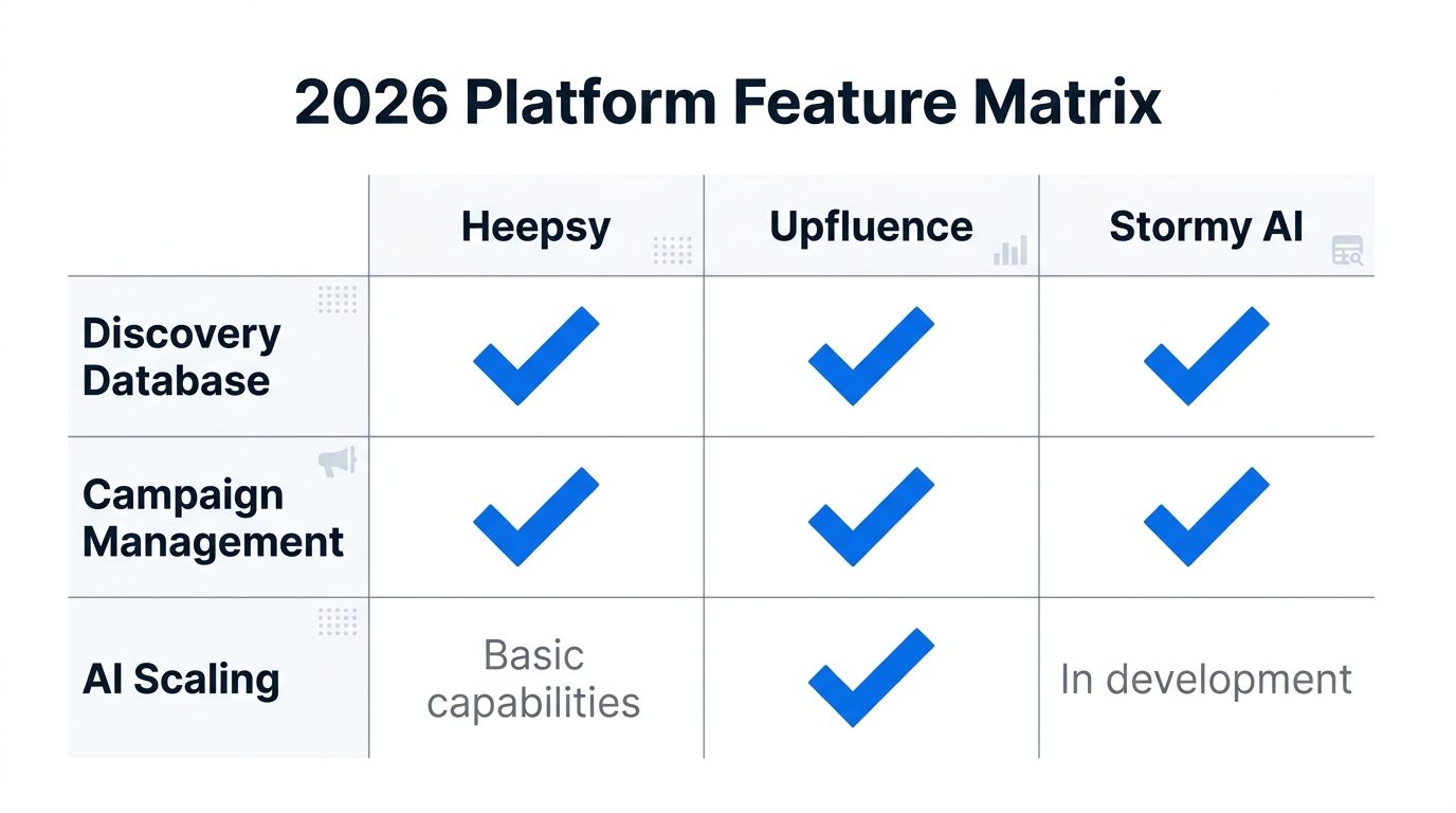 Comparison of features between Heepsy, Upfluence, and Stormy AI platforms.