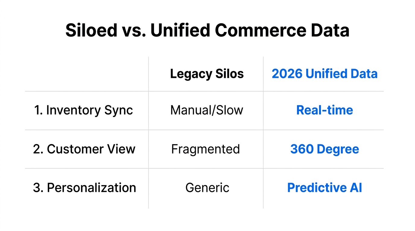 A comparison of outdated data silos versus modern unified commerce.