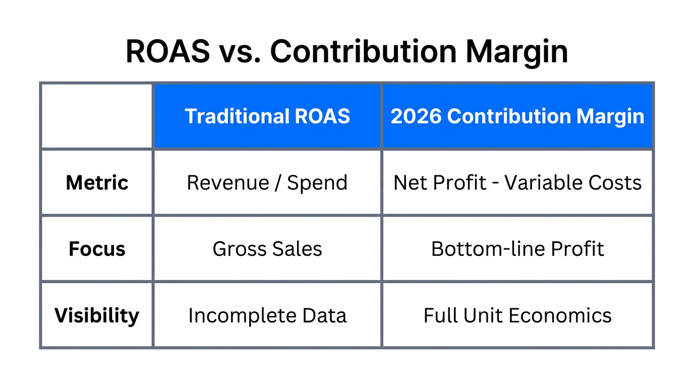 Comparison between traditional ROAS and modern contribution margin metrics.