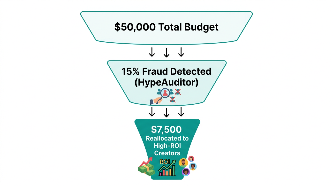 Budget funnel showing how 15% fraud detection leads to $7,500 savings.