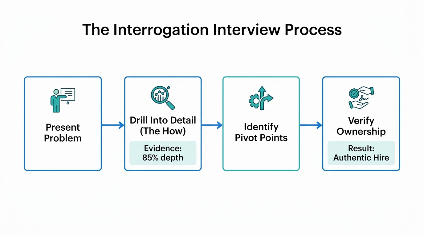 Step-by-step flowchart of the interrogation-style technical interview process.