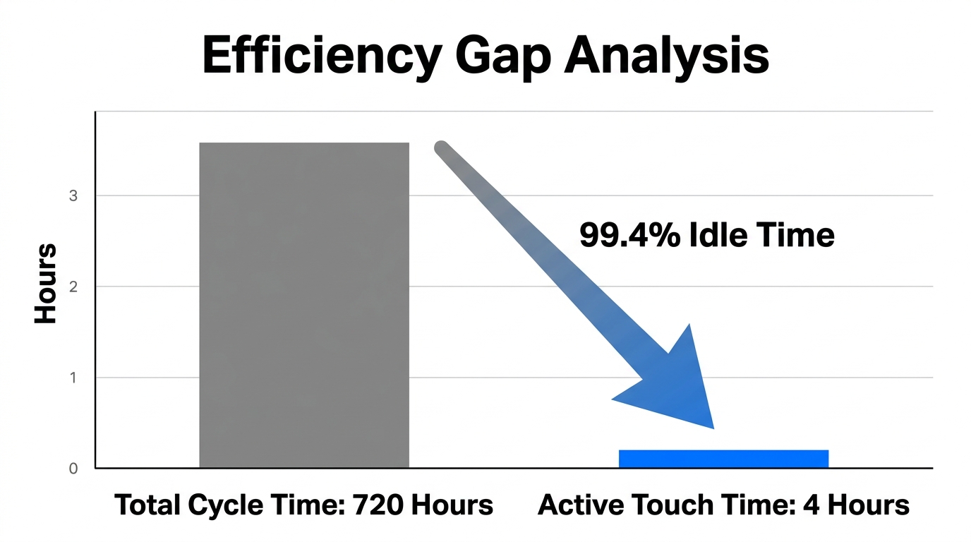 A comparison showing the gap between total cycle time and active touch time.