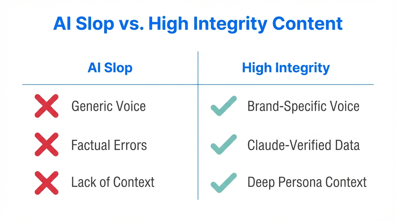 Comparison of low-quality AI output versus context-rich brand content.